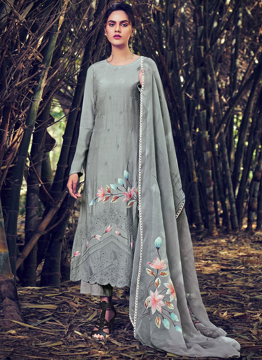 Straight Salwar Suit Bembarg Muslin Grey Embroidered Salwar Kameez
