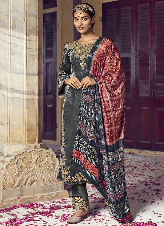 Straight Salwar Suit Velvet Grey Embroidered Salwar Kameez