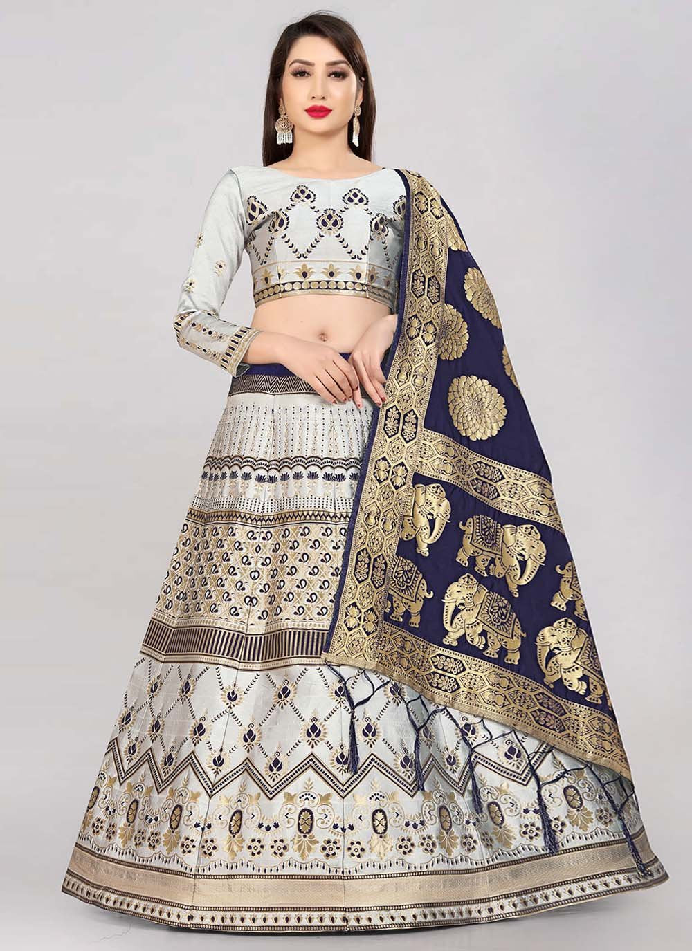 Lehenga Choli Banarasi Silk Grey Jacquard Work Lehenga Choli