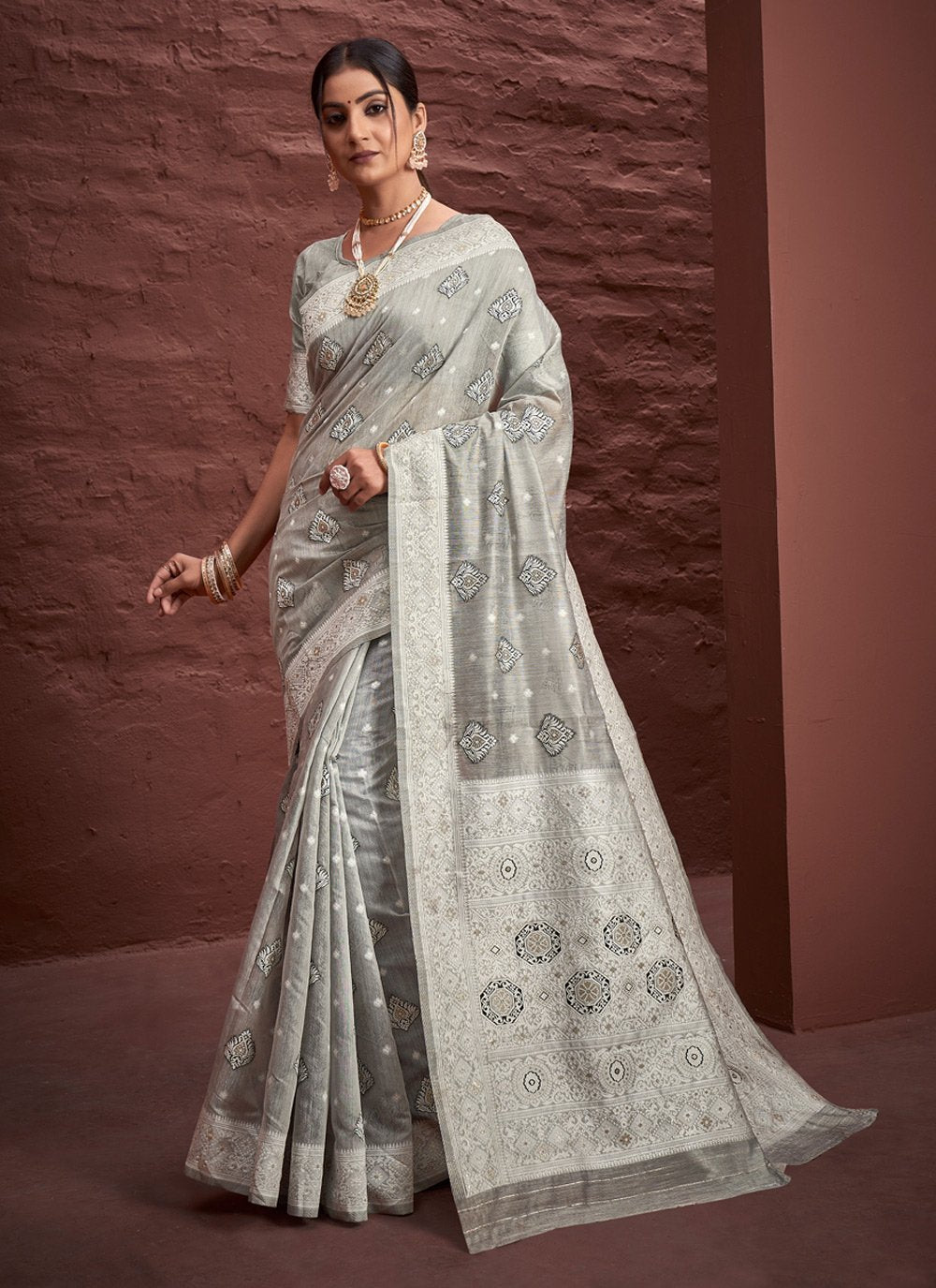 Designer Cotton Grey Embroidered Saree