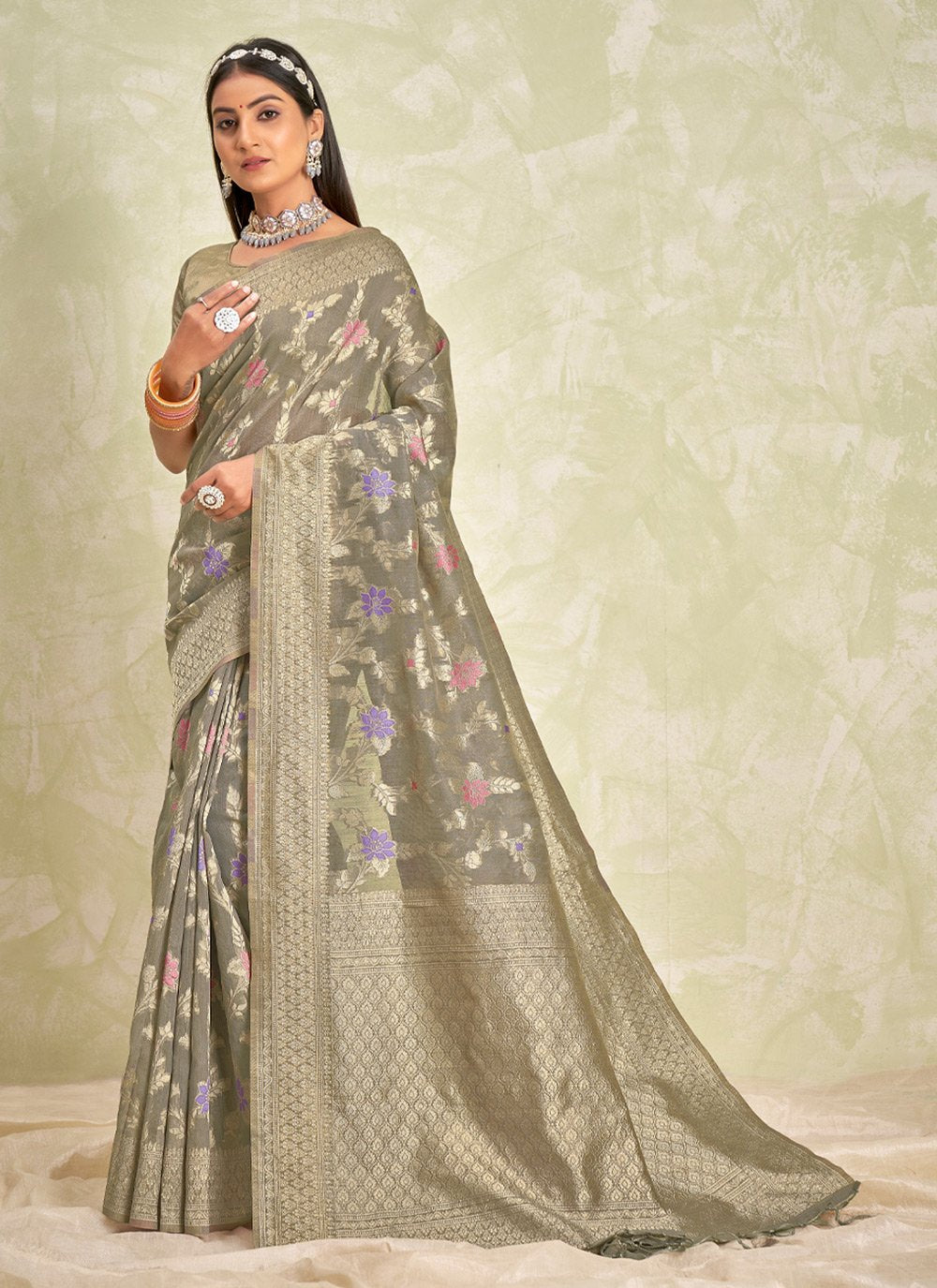 Designer Cotton Grey Embroidered Saree