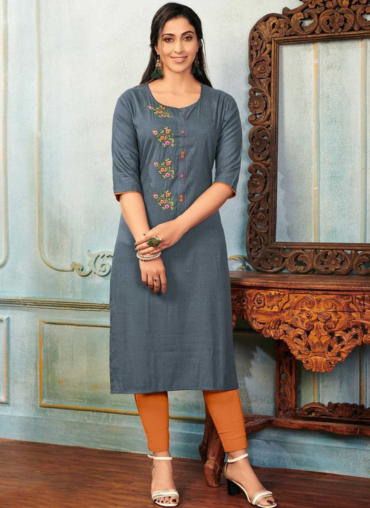 Party Wear Kurti Cotton Grey Embroidered Kurtis