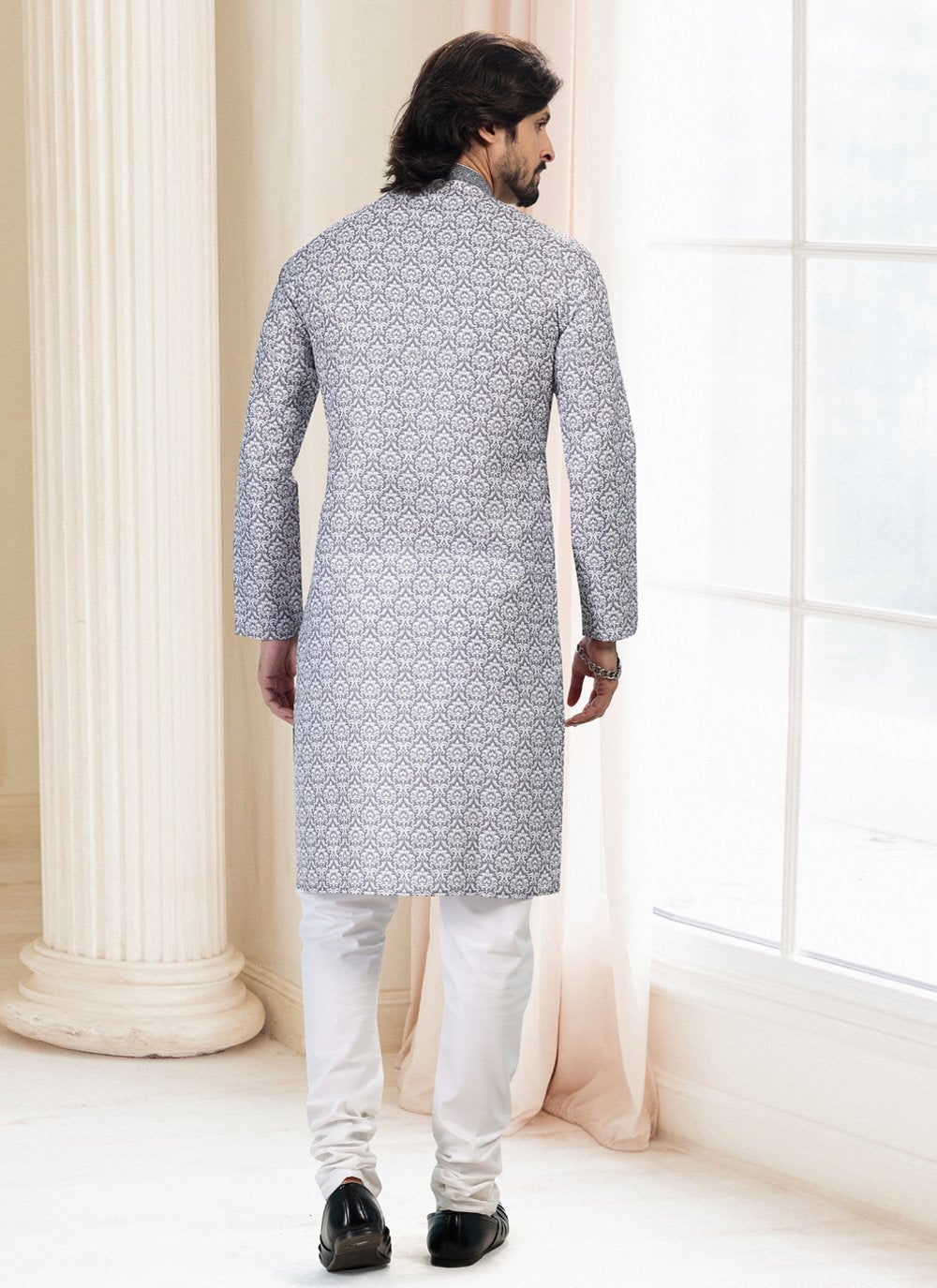 Kurta Pyjama Cotton Grey Fancy Work Mens