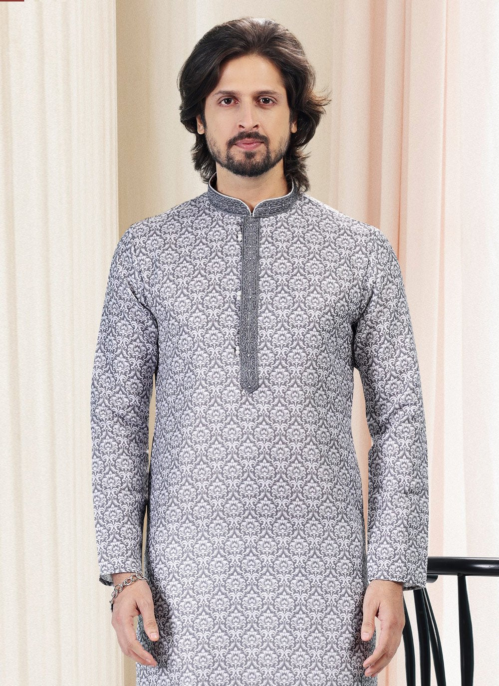 Kurta Pyjama Cotton Grey Fancy Work Mens