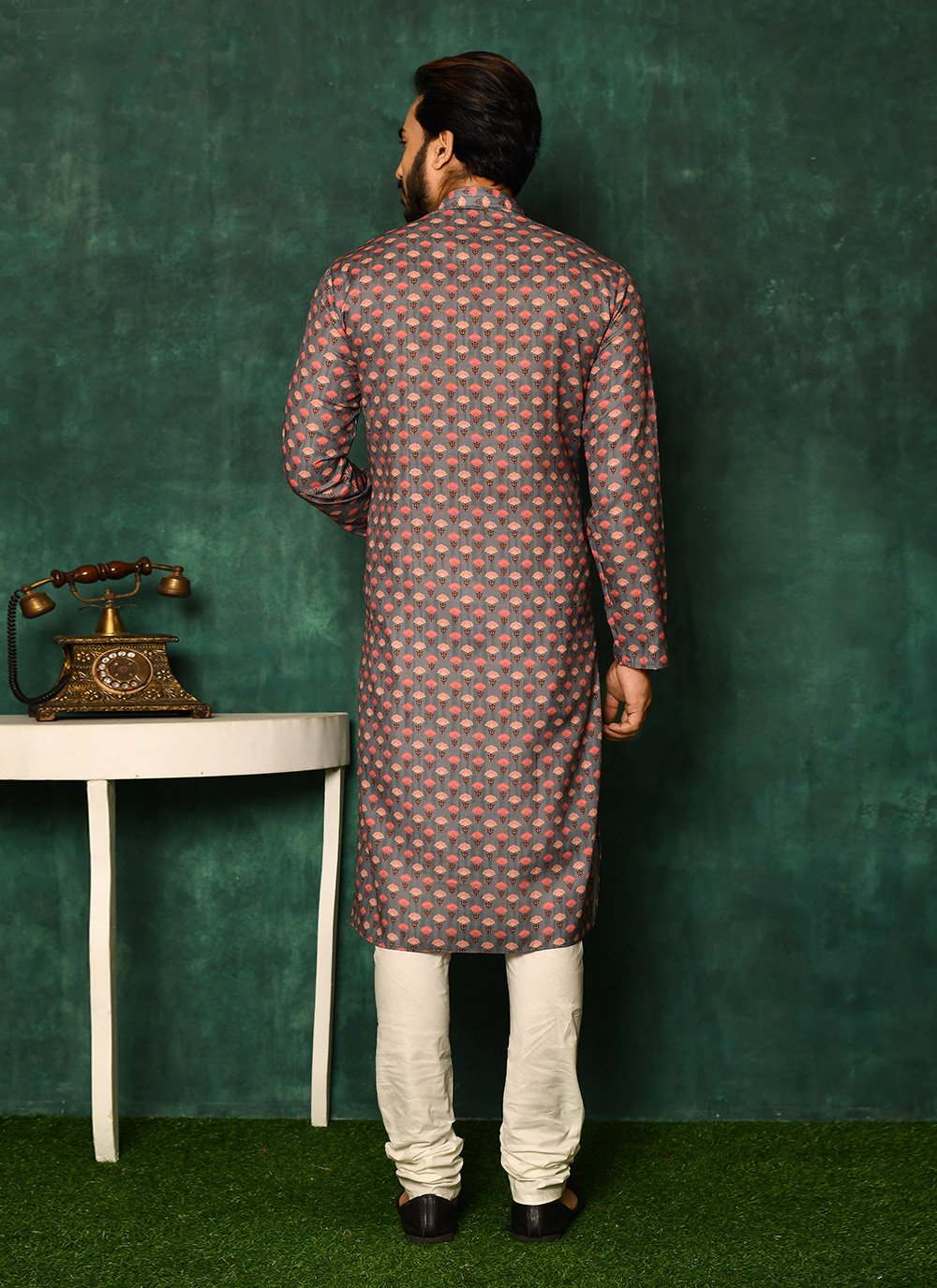 Kurta Pyjama Cotton Grey Print Mens