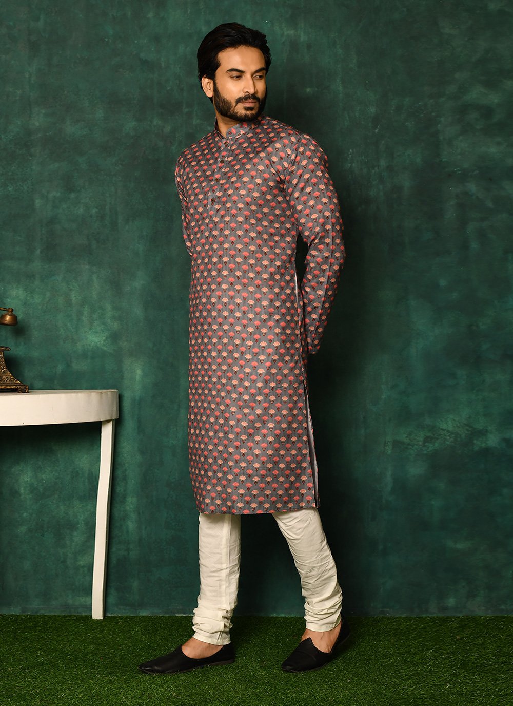 Kurta Pyjama Cotton Grey Print Mens