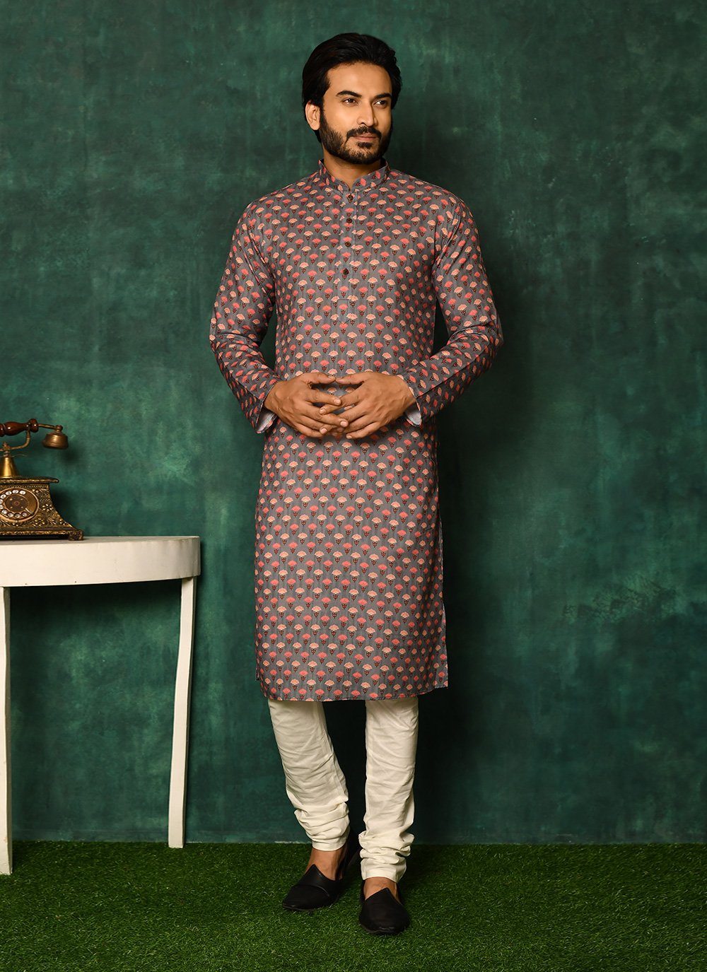 Kurta Pyjama Cotton Grey Print Mens