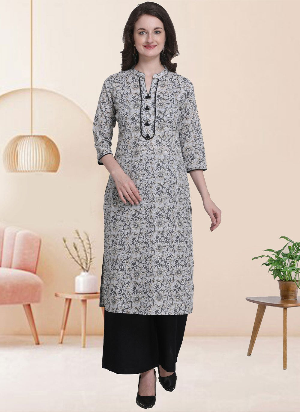 Party Wear Kurti Cotton Grey Print Kurtis