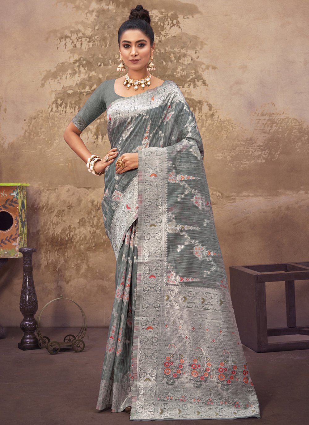 Designer Cotton Silk Grey Embroidered Saree