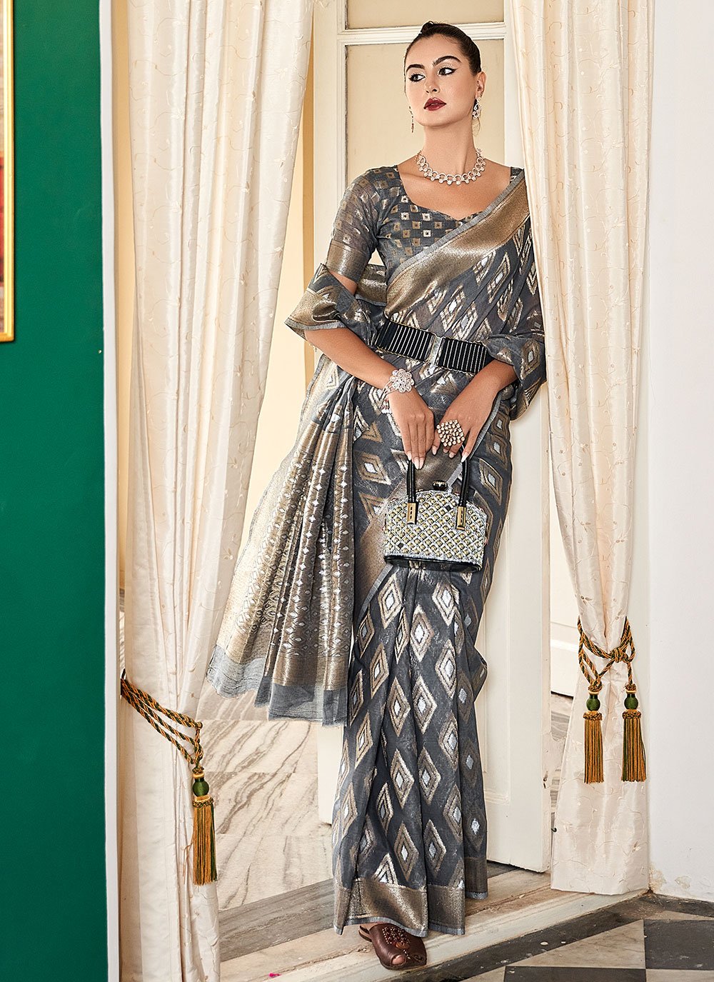 Classic Cotton Silk Grey Weaving Saree