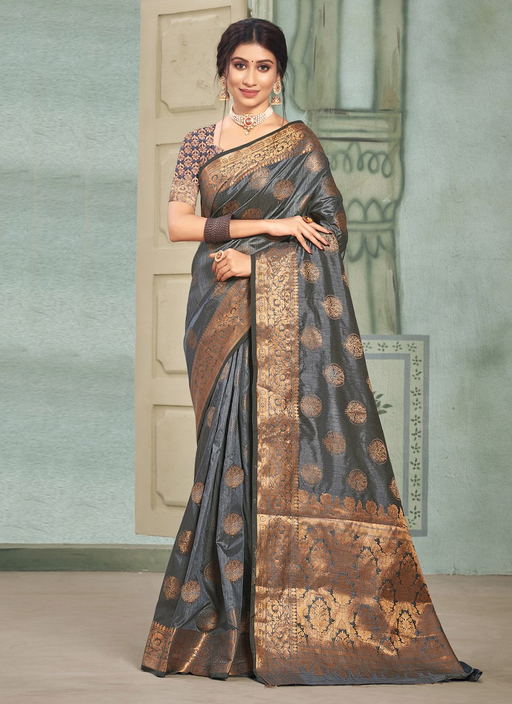 Traditional Saree Cotton Silk Grey Fancy Work Saree