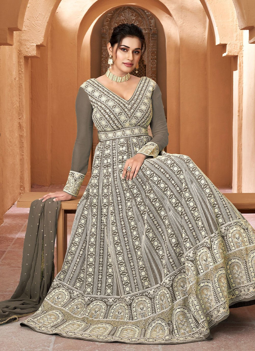 Designer Gown Georgette Grey Embroidered Gown