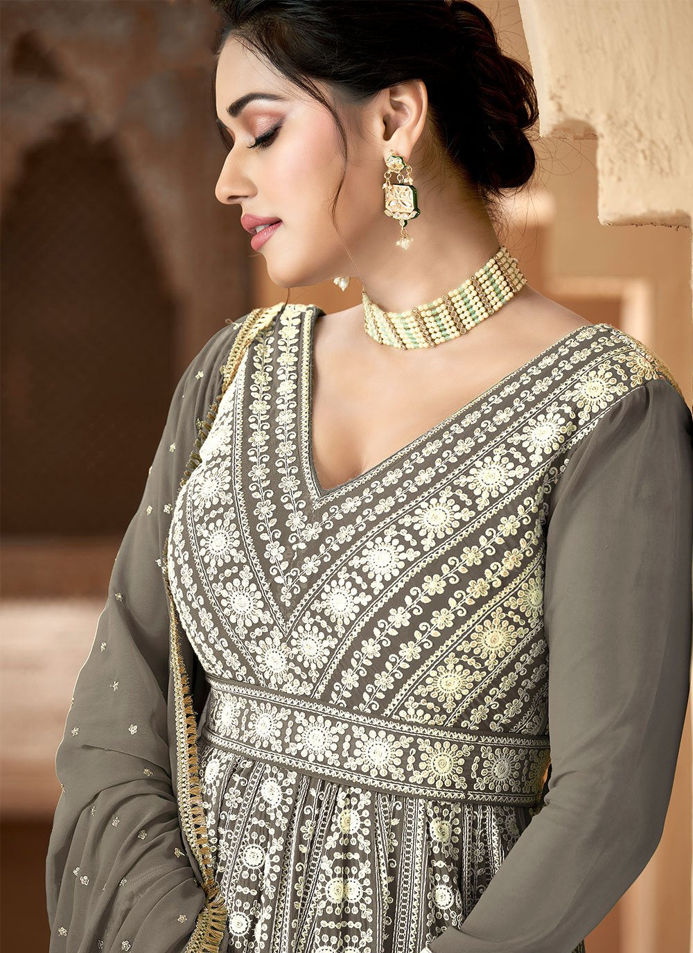 Designer Gown Georgette Grey Embroidered Gown