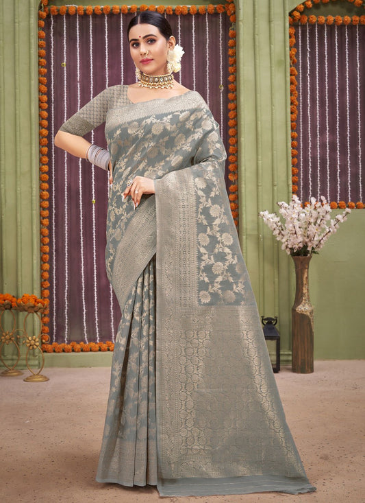 Traditional Saree Linen Grey Foil Print Saree