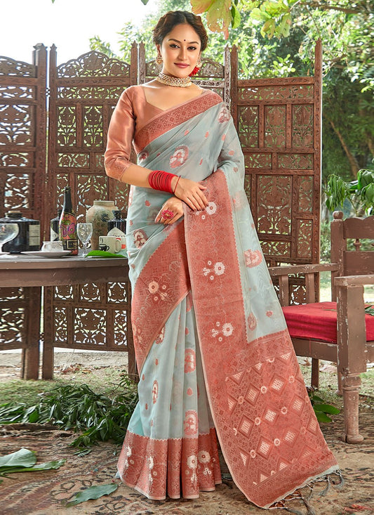 Traditional Saree Organza Grey Embroidered Saree