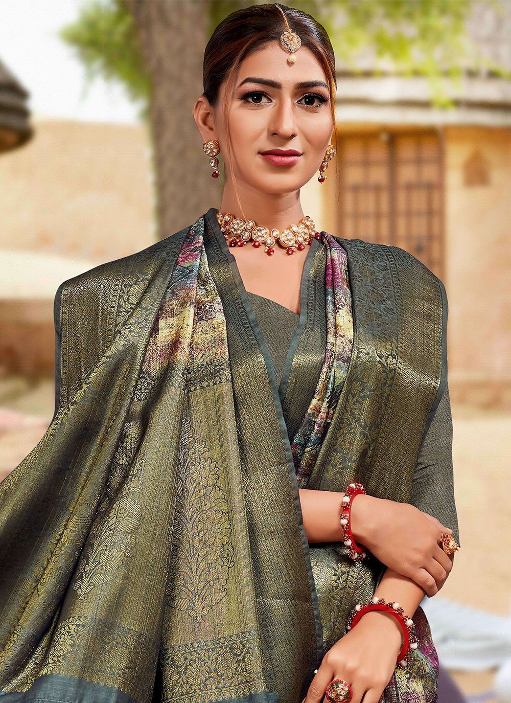 Traditional Saree Banarasi Silk Cotton Grey Digital Print Saree