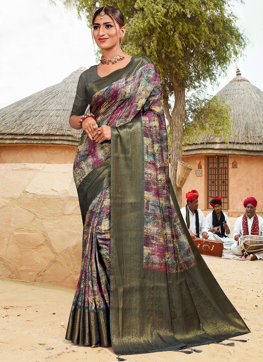 Traditional Saree Banarasi Silk Cotton Grey Digital Print Saree