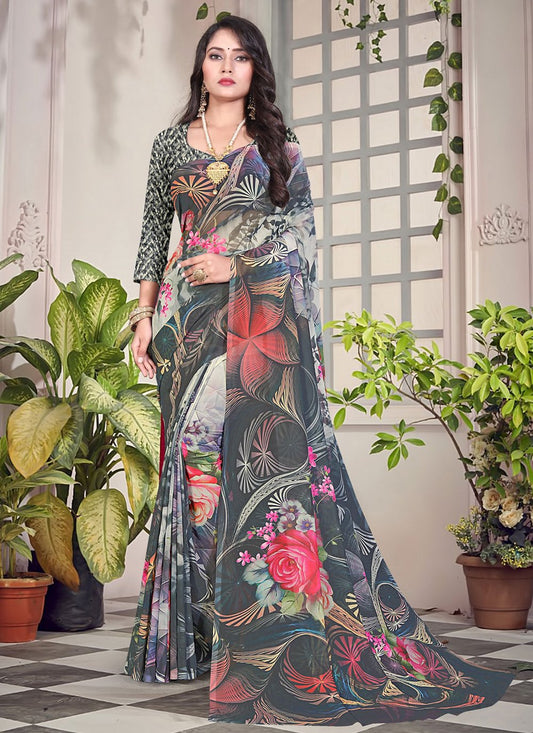 Designer Weight Less Grey Digital Print Saree