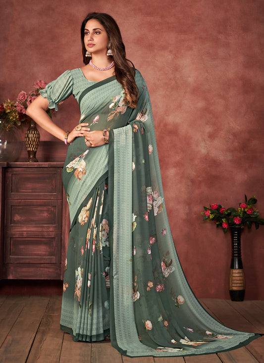 Designer Fancy Fabric Grey Digital Print Saree