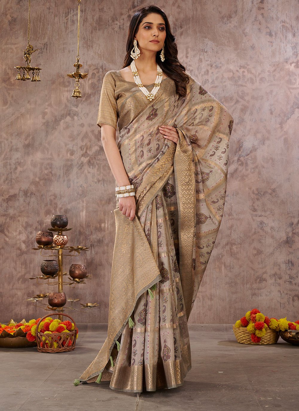 Designer Cotton Grey Digital Print Saree