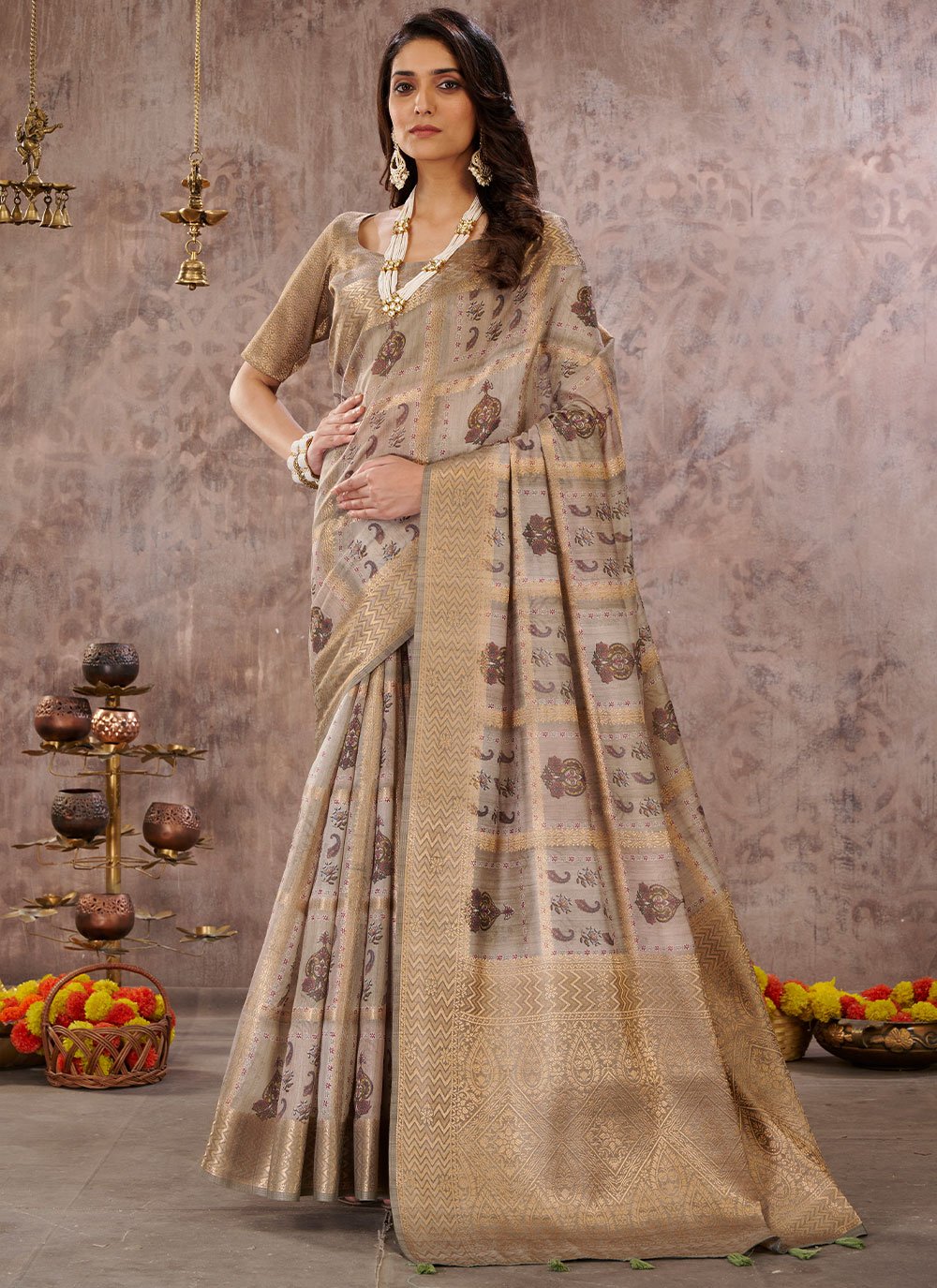 Designer Cotton Grey Digital Print Saree