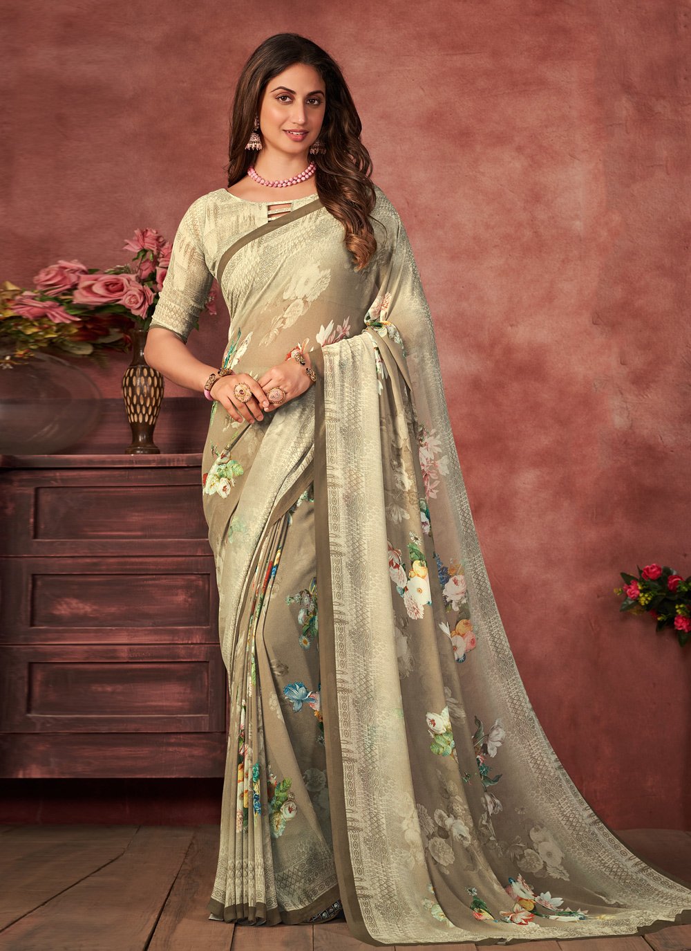 Designer Fancy Fabric Grey Digital Print Saree