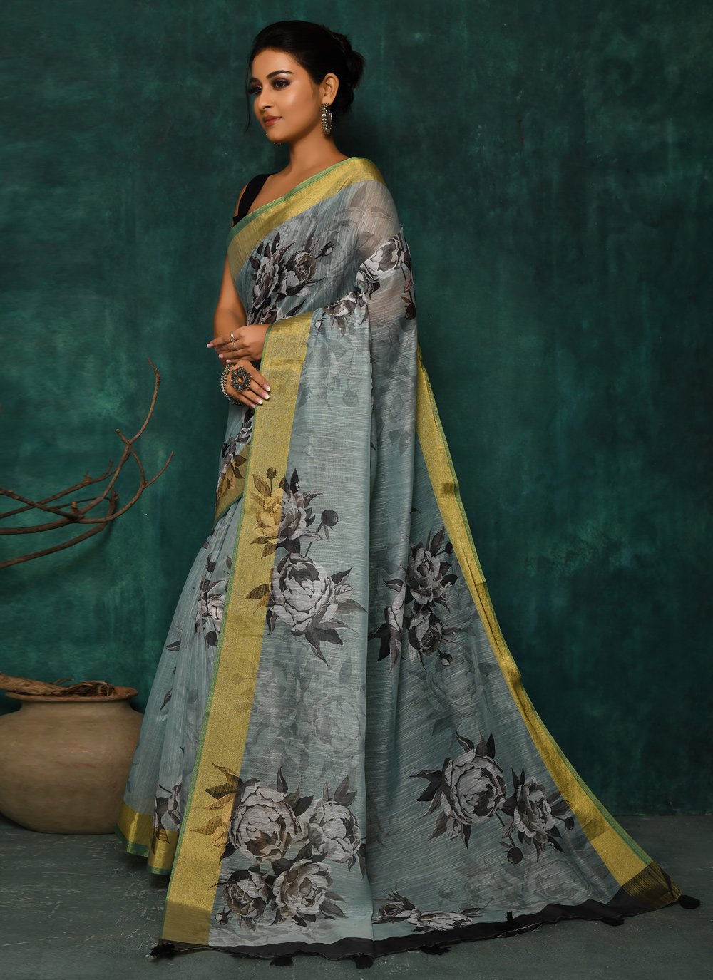 Designer Fancy Fabric Grey Digital Print Saree