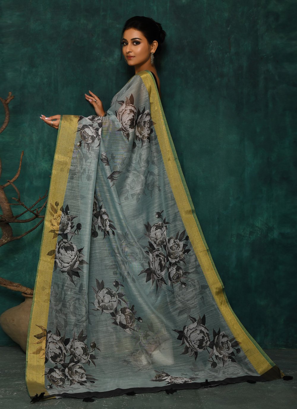 Designer Fancy Fabric Grey Digital Print Saree