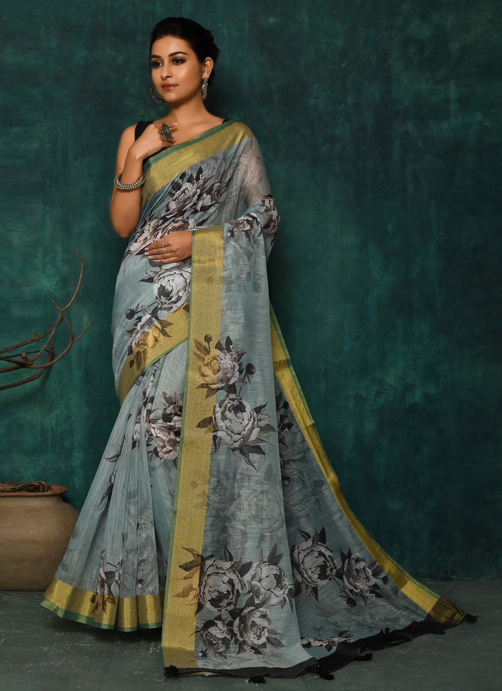 Designer Fancy Fabric Grey Digital Print Saree