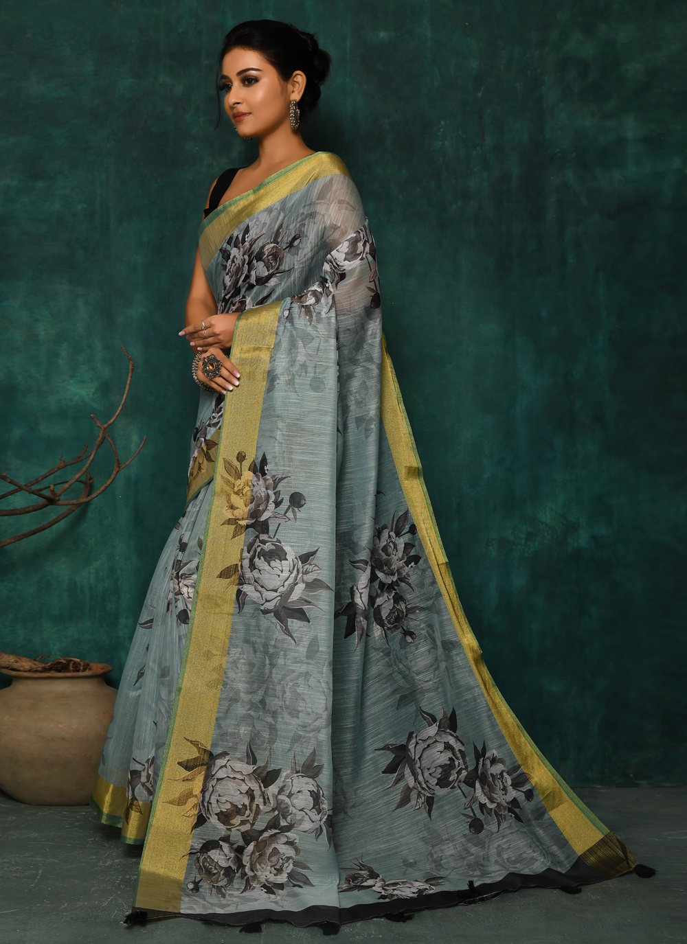 Designer Fancy Fabric Grey Digital Print Saree