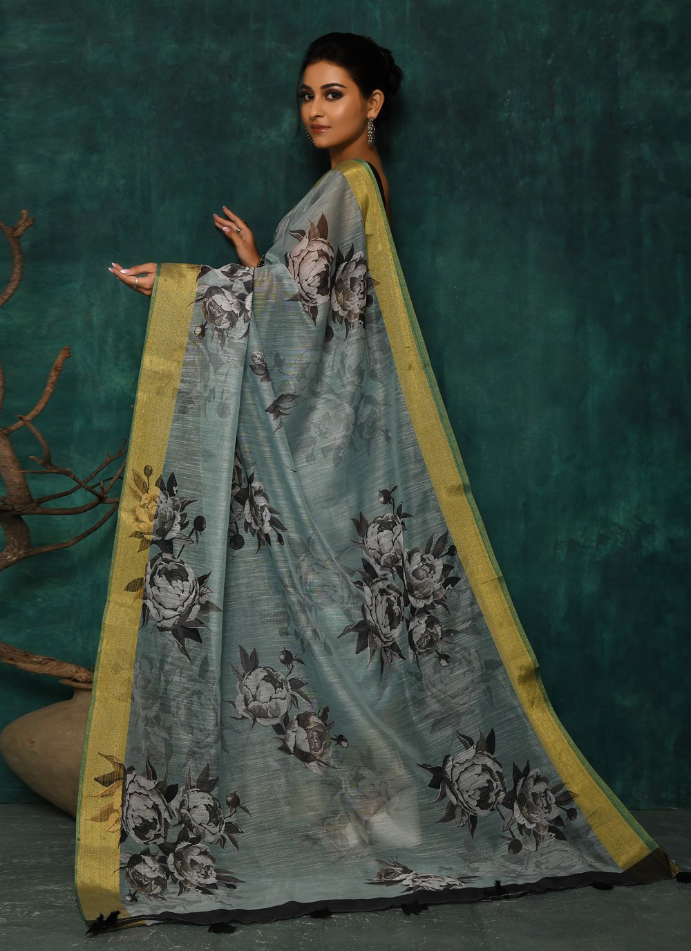 Designer Fancy Fabric Grey Digital Print Saree