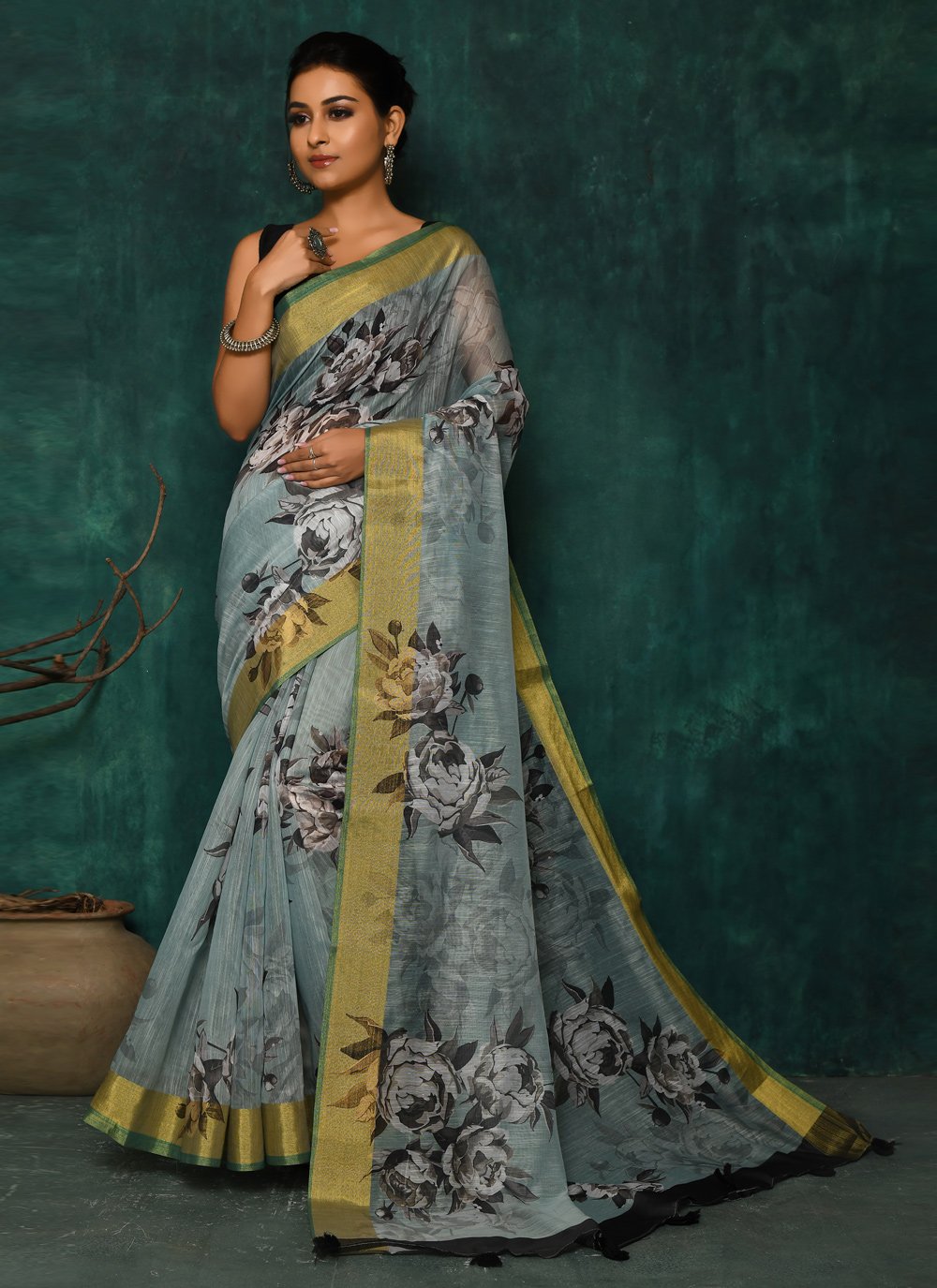 Designer Fancy Fabric Grey Digital Print Saree