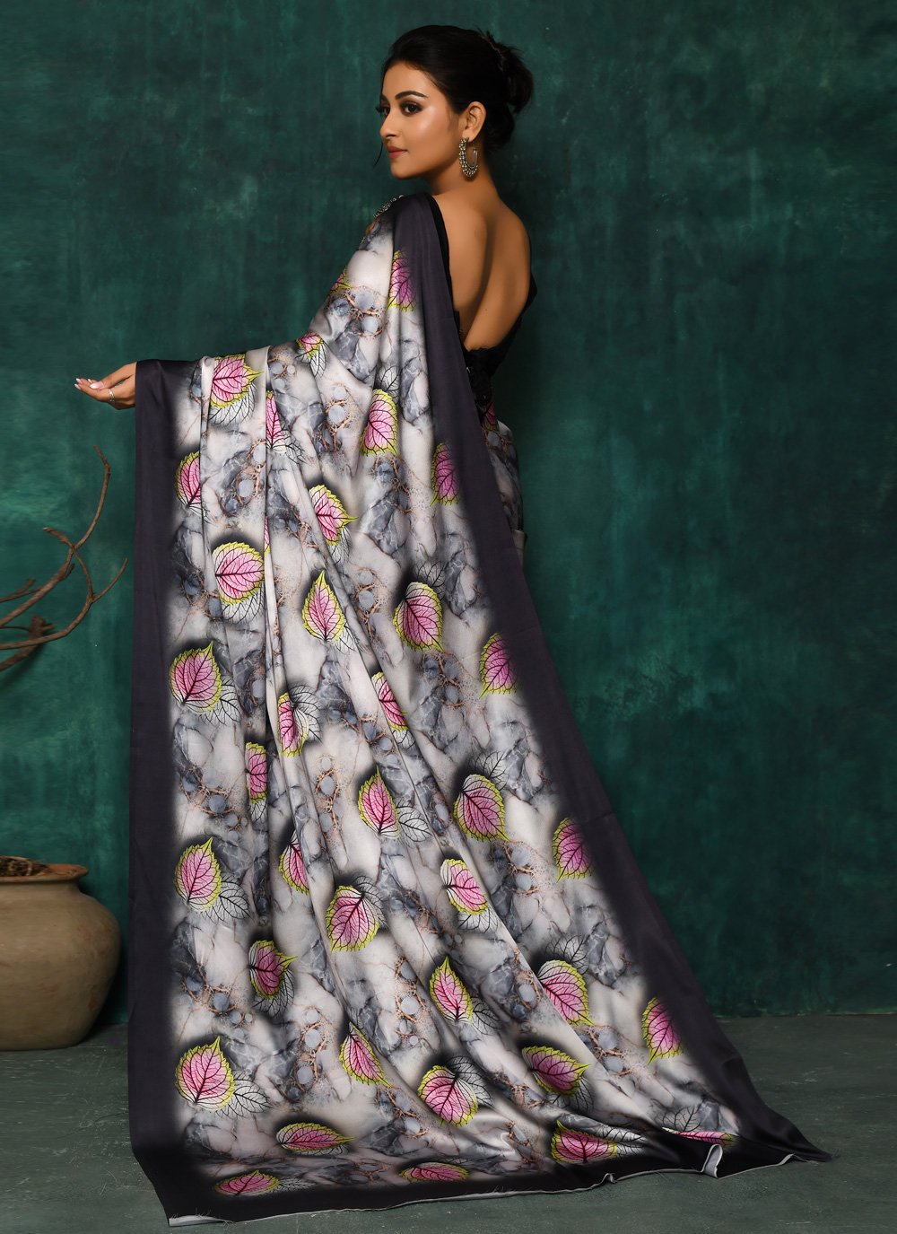 Designer Satin Grey Digital Print Saree