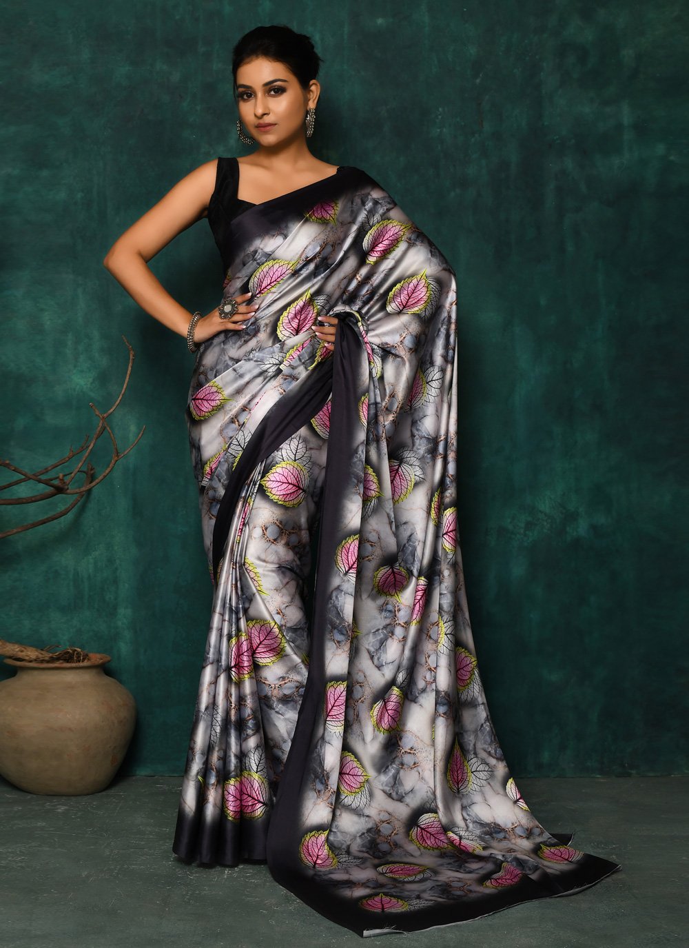 Designer Satin Grey Digital Print Saree