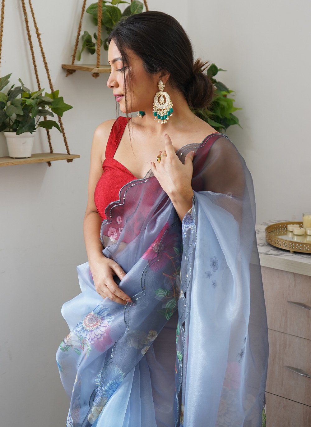 Contemporary Organza Grey Digital Print Saree