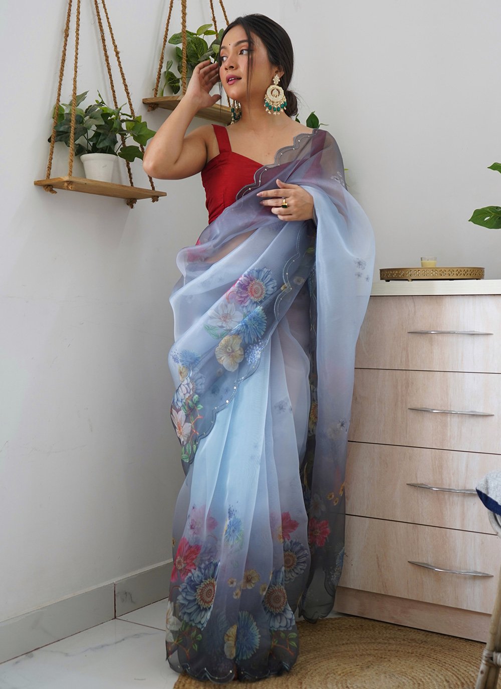 Contemporary Organza Grey Digital Print Saree