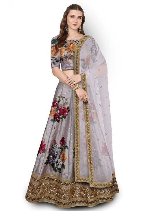 Lehenga Choli Art Silk Grey Digital Print Lehenga Choli