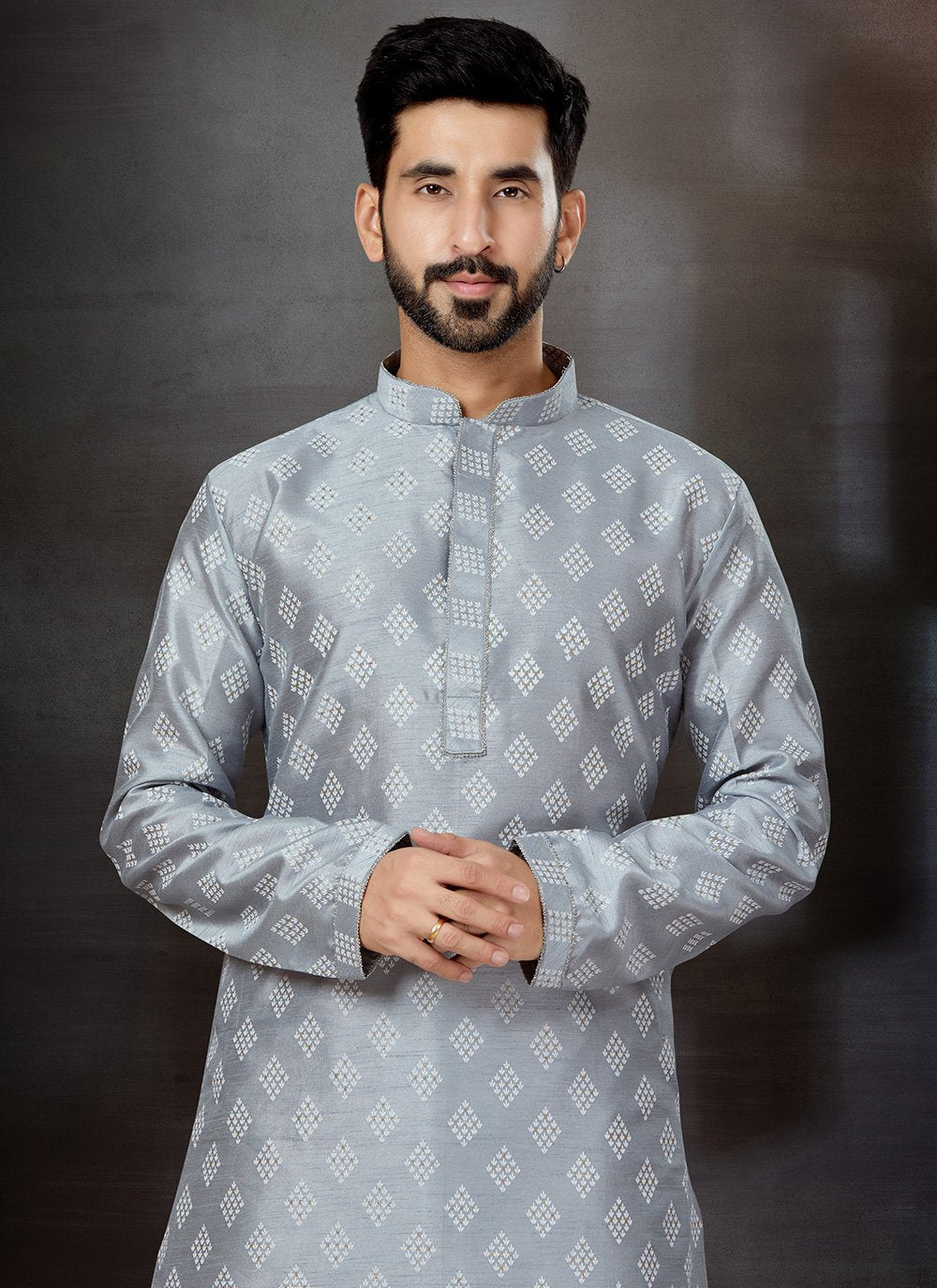 Kurta Pyjama Dupion Silk Grey Print Mens