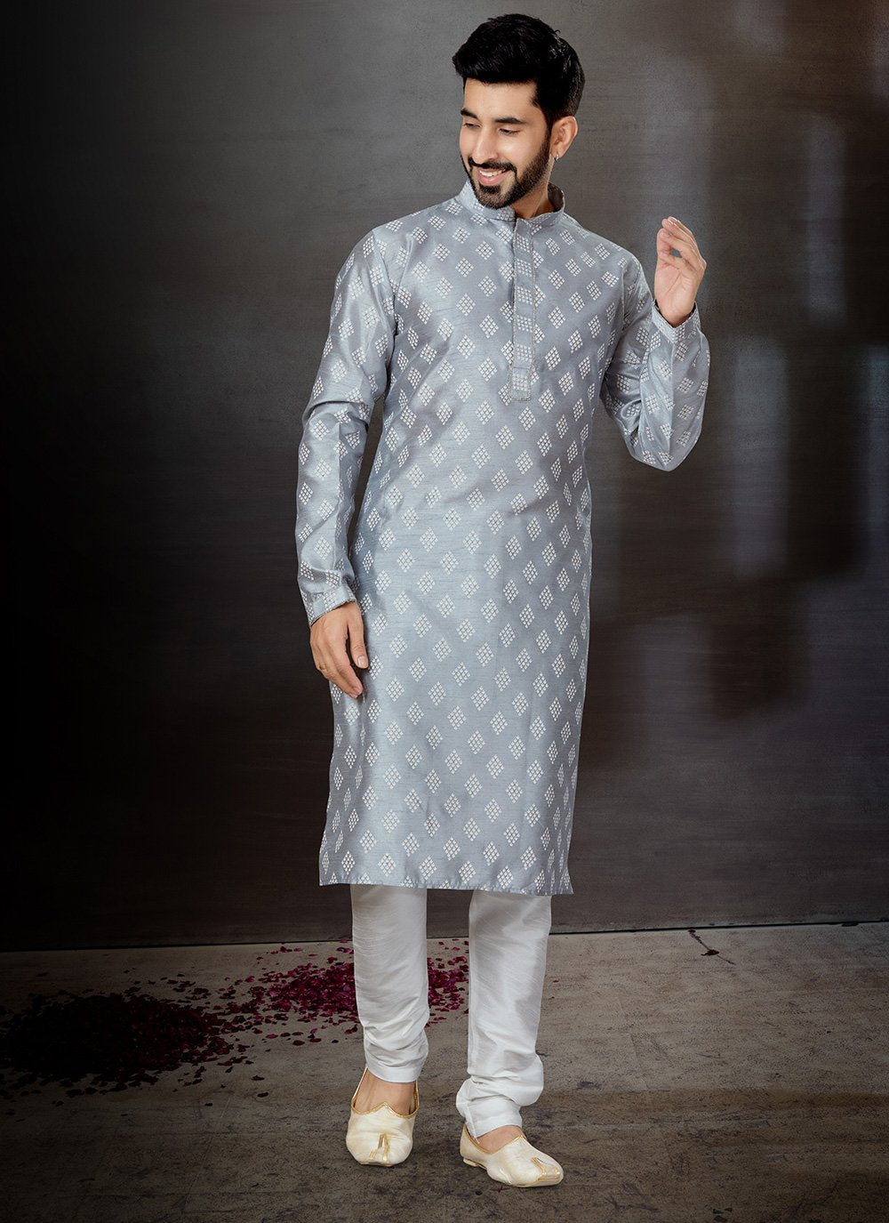 Kurta Pyjama Dupion Silk Grey Print Mens