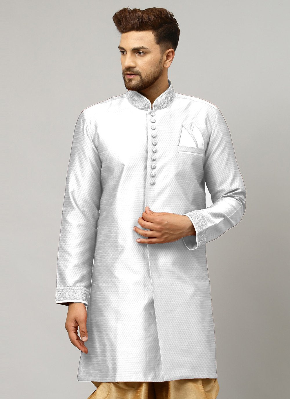 Angrakha Art Dupion Silk Grey Embroidered Mens