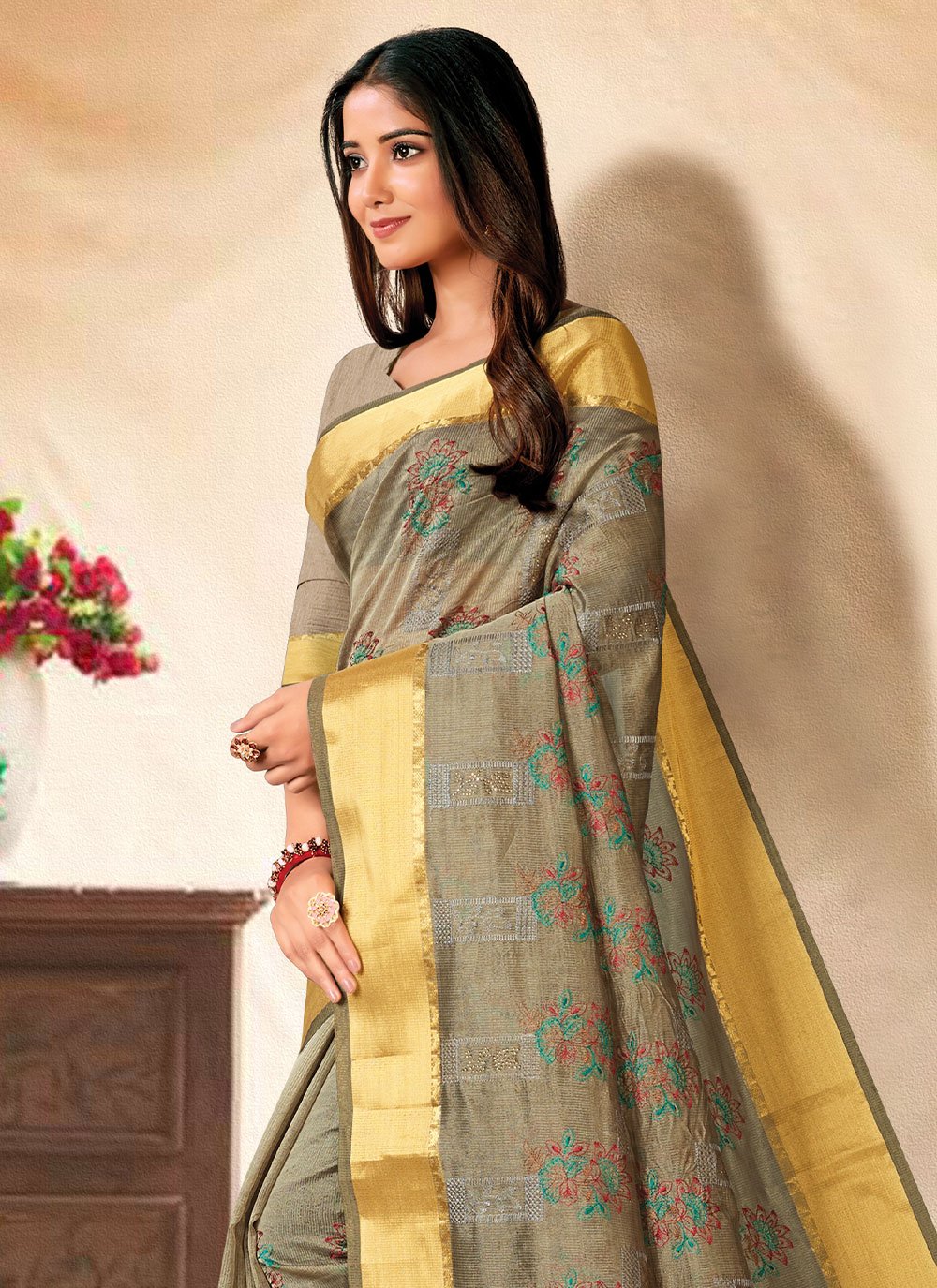 Contemporary Banarasi Silk Grey Embroidered Saree