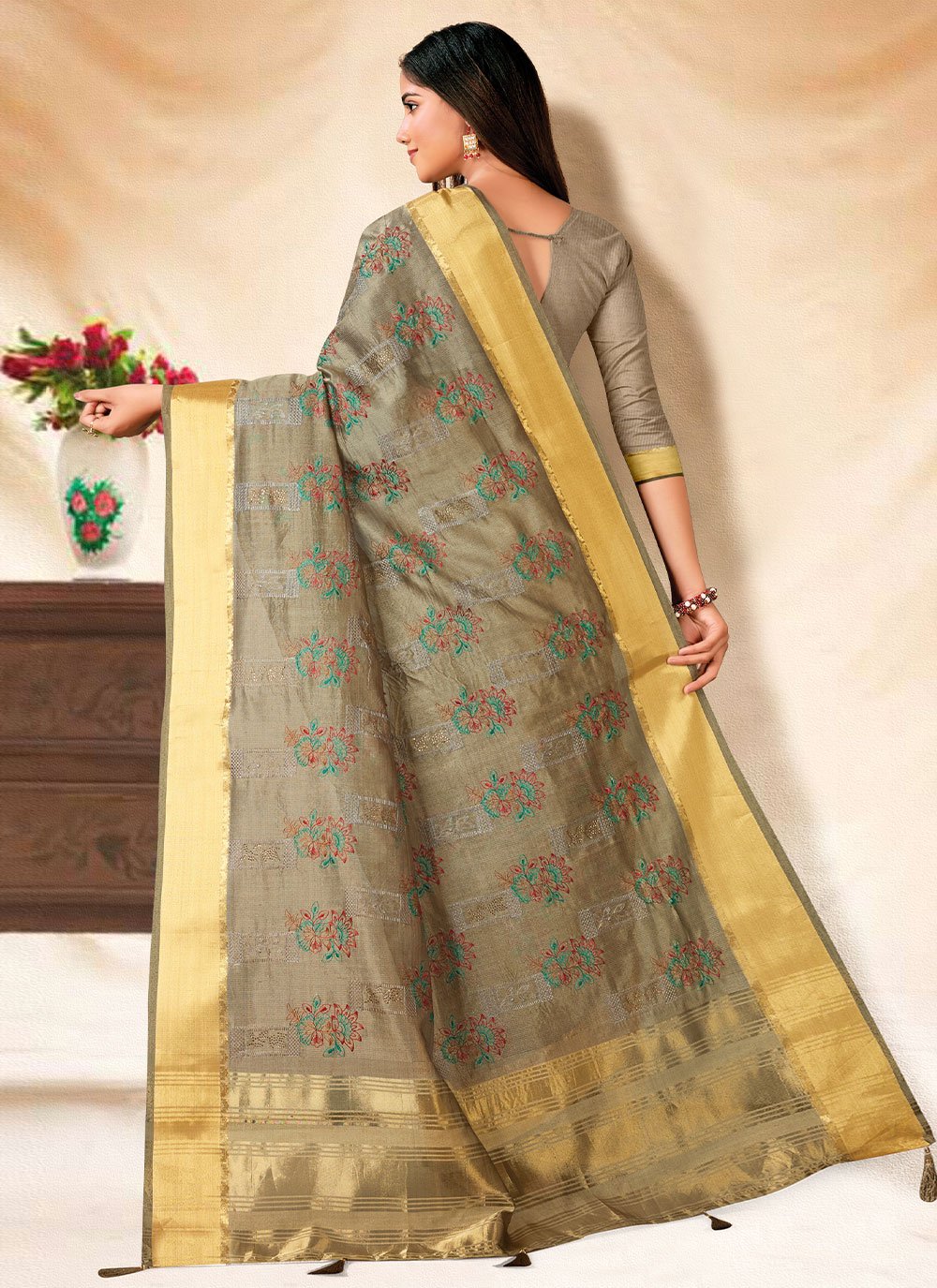 Contemporary Banarasi Silk Grey Embroidered Saree