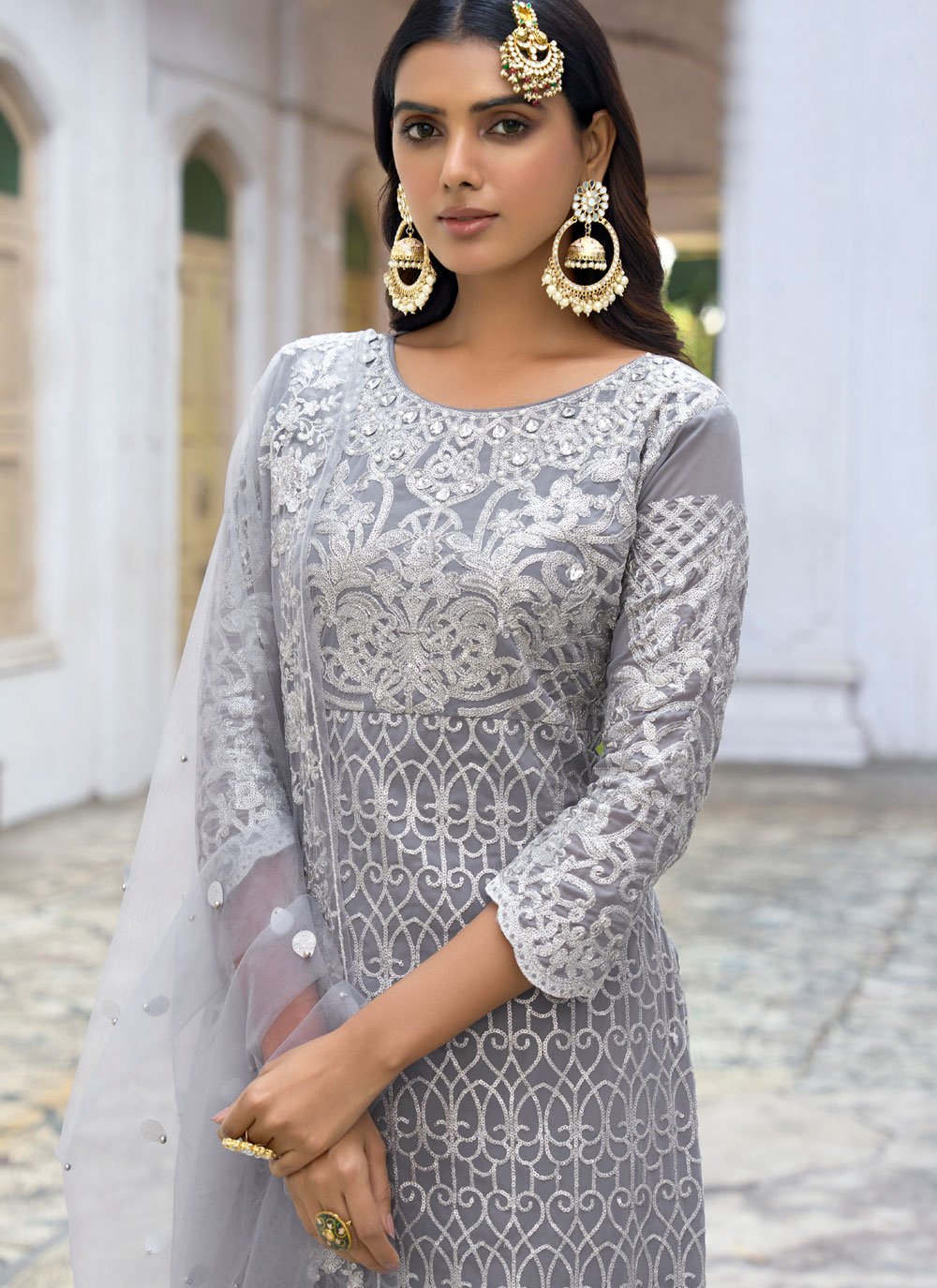 Salwar Suit Faux Georgette Grey Embroidered Salwar Kameez