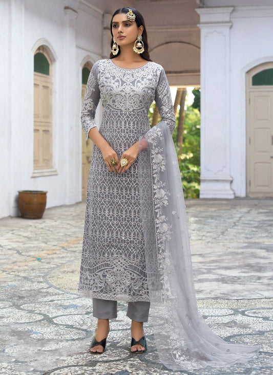 Salwar Suit Faux Georgette Grey Embroidered Salwar Kameez