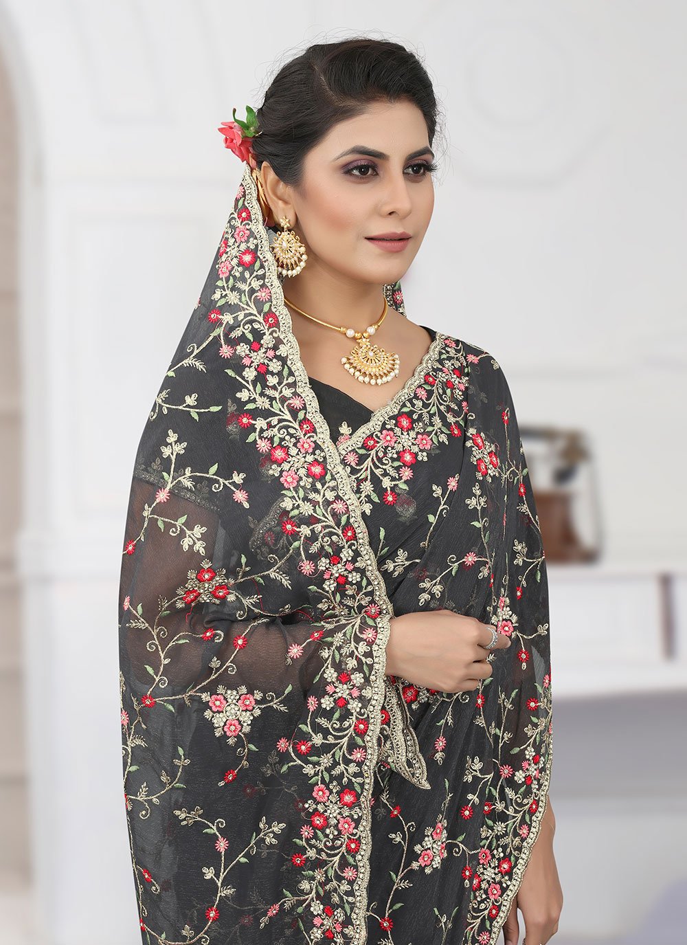 Classic Shimmer Grey Embroidered Saree