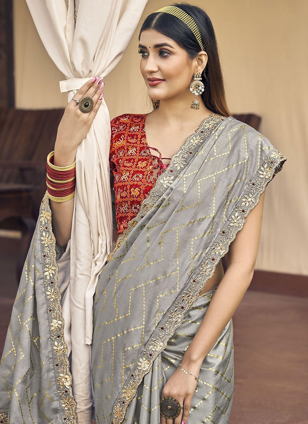 Classic Silk Grey Embroidered Saree