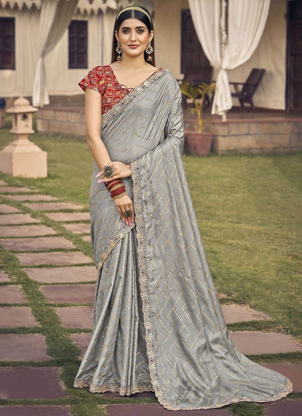 Classic Silk Grey Embroidered Saree