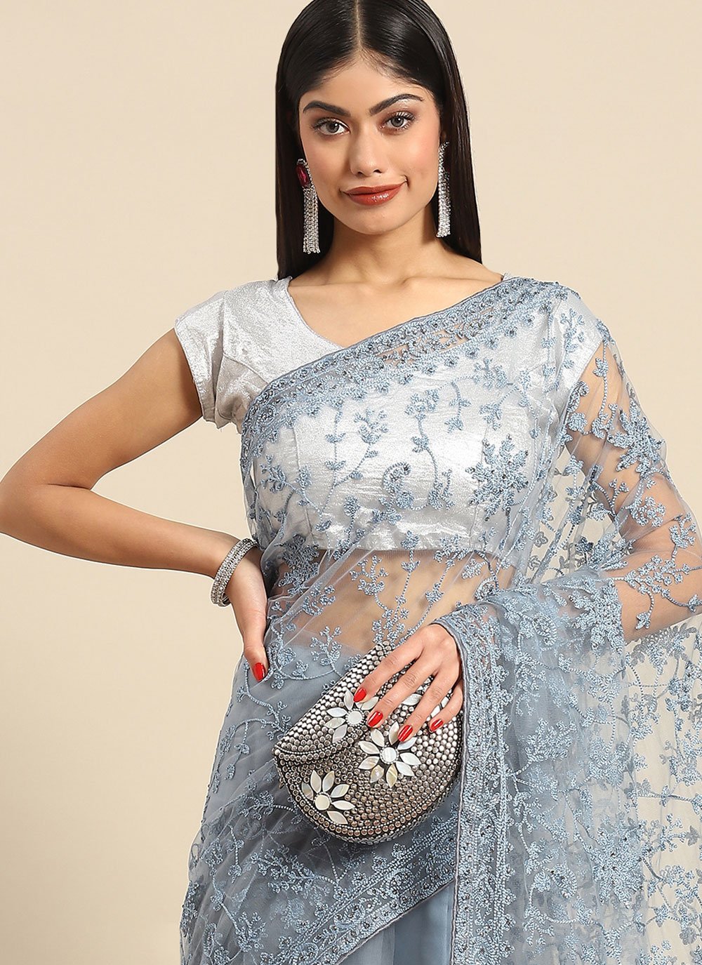 Contemporary Net Grey Embroidered Saree