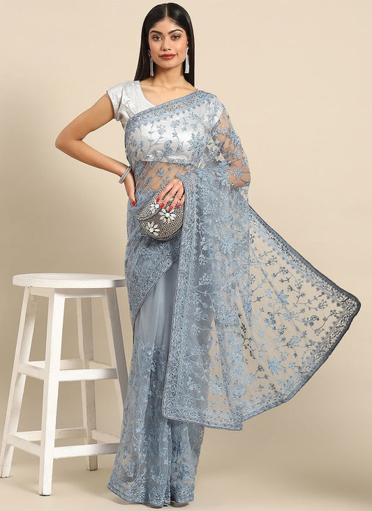 Contemporary Net Grey Embroidered Saree