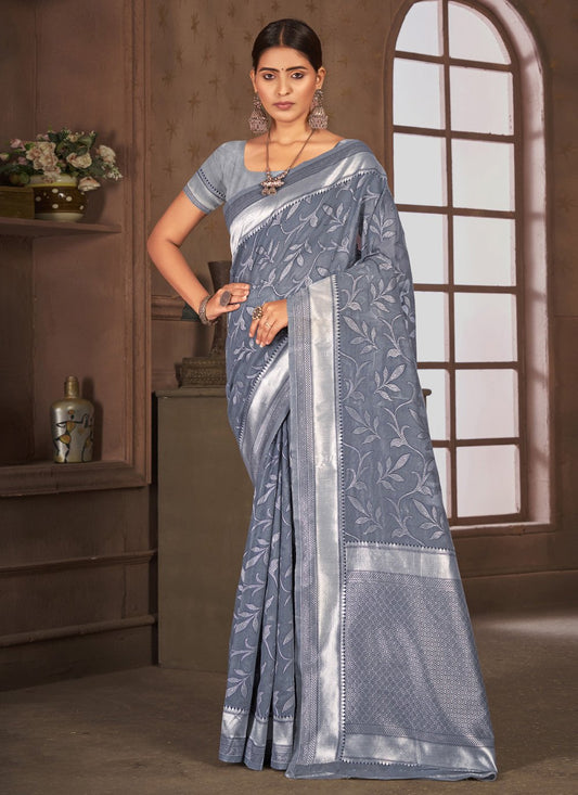 Classic Cotton Grey Embroidered Saree